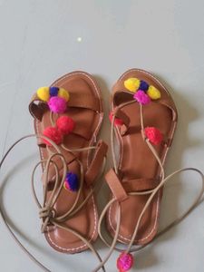 Brown Tie Up Sandal With Colourful Pompoms