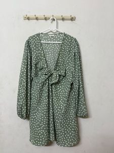 Green Print Tie Front Dress