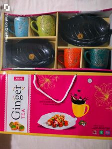 Multi Colour Tea Cup Set 4 Piece Two Black Tray