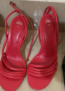 Zara Red Heeled Sandals - Size 36
