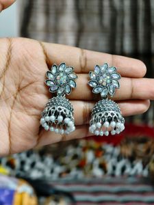 Silver Stoned Jhumka Earrings