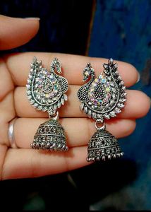 Silver Tone Peacock Jhumka Earrings