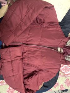 Burgundy Puffer Jacket with Fur Hood
