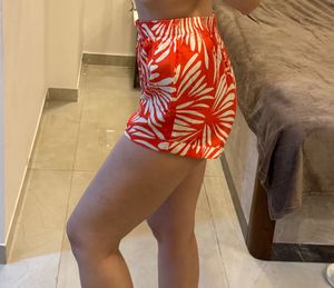 HWW Red Leaf Printed Linen shorts, S