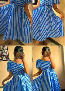 Blue Striped One Shoulder Dress