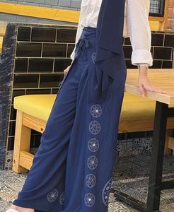 Navy Blue Boho Wrap Pants with Floral Embroidery