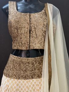 Off white Lengha Choli With Golden Shimmer Blouse