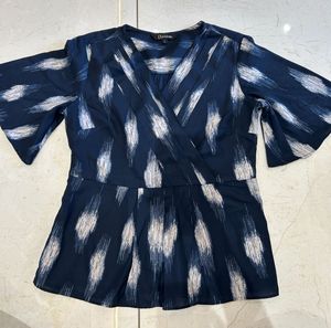 Aptitude Navy Print Wrap Blouse Top