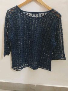Navy Blue Crochet Lace Sheer Top
