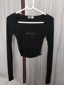 Black Full Sleeve Crop Top – “Baby” Text