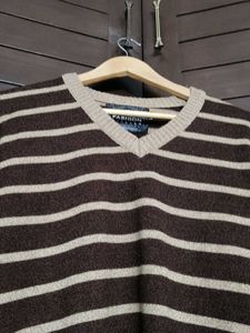 Men brown Striped V-Neck Sweater