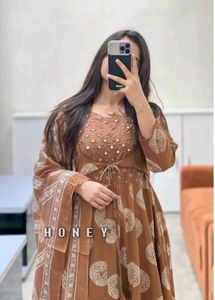 Brown Cotton Printed Anarkali with Attached Jacket