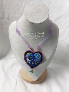 Hand Embroidered Floral Heart Pendant Necklace