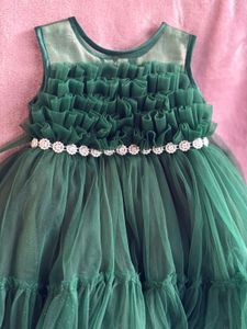 Bottle Green Glittery Net Birthday Frock