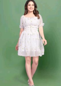 White Floral Embroidered Tiered Dress