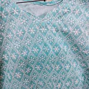 Aqua Embroidered Short Kurti