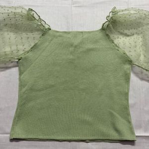 Pastel Green Puff Sleeve Mesh Top