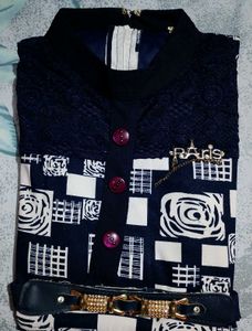 Abstract Printed Navy Blue Dress with Belt