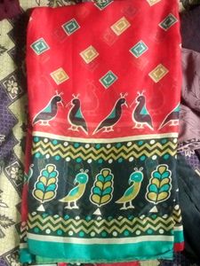 Red And Green Goergette Saree Stitched Fall