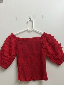 Red Ruffle Bardot Top