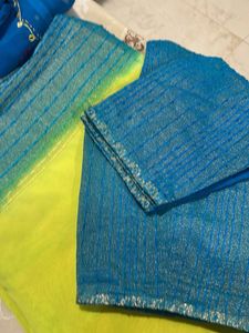 Lime Green & Blue Saree with Blouse