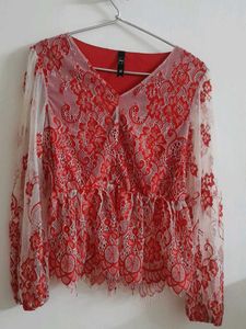 Red Lace Net Top