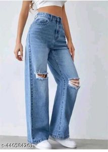 Blue Denim Straight Fit Knee Slit Jeans For Girls