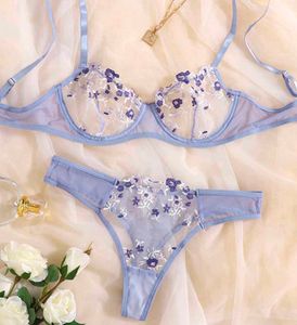 Floral Embroidery Lace Mesh Lingerie Set