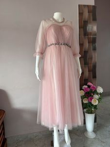 Pink stone studded tulle gown