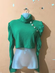 Green Ribbed Turtleneck Top