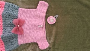 Handmade Crochet Frock with Pink Flower Hair Clip