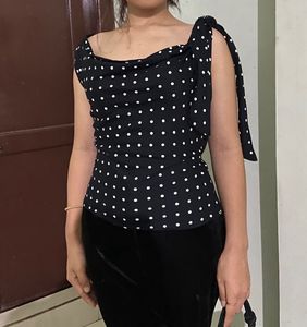Polka Dot Tie-Shoulder Top