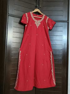 Women Red Embroidery Cotton Mix Casual Kurta