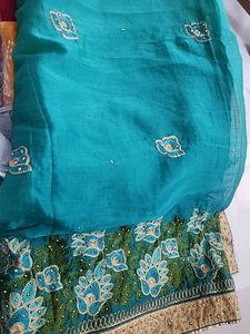 Peacock Colour Thread Work Design Saree
