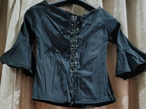 Black Lace-Up Back Blouse