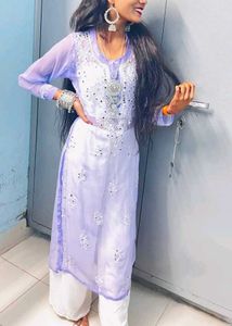 Lavender Georgette Kurti with Mirror &amp; Thread Embr