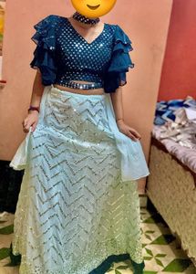 Shimmering Teal Sequin Lehenga Choli Set