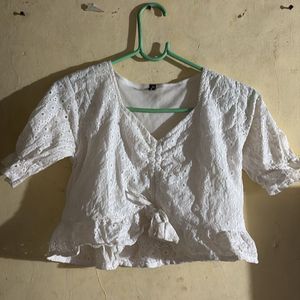 White Eyelet Tie Front Top