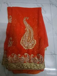 Orange Festive Saree With Embroidery + Stones Work