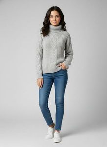 Gray Turtleneck Cable Knit Sweater