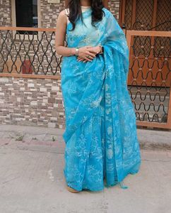 Saree With High Neck Blouse