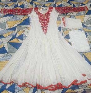White & Red Embroidered Anarkali Suit