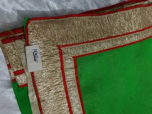 Green Soft Chiffon Saree with Red &amp; Gold Border