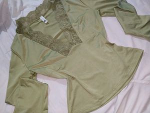 Olive Lace Detailed Plunging Neck Top
