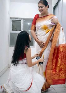 Elegant White &amp; Red Saree(Blouse unstiched)