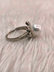 Pearl &amp; Diamond Ring 925 Sterling Silver