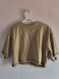 Cropped Beige Tee with Raw Hem