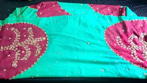 Embroidery Pink &amp; Sea Green Chiffon Saree