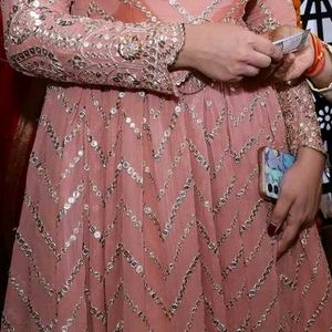 Pastel Peach Sequinn Embroidery Evening Gown