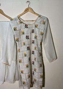 Embroidered White Kurti And Sharara Set